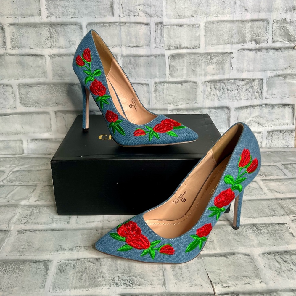 Embroidered Floral Blue Heels
